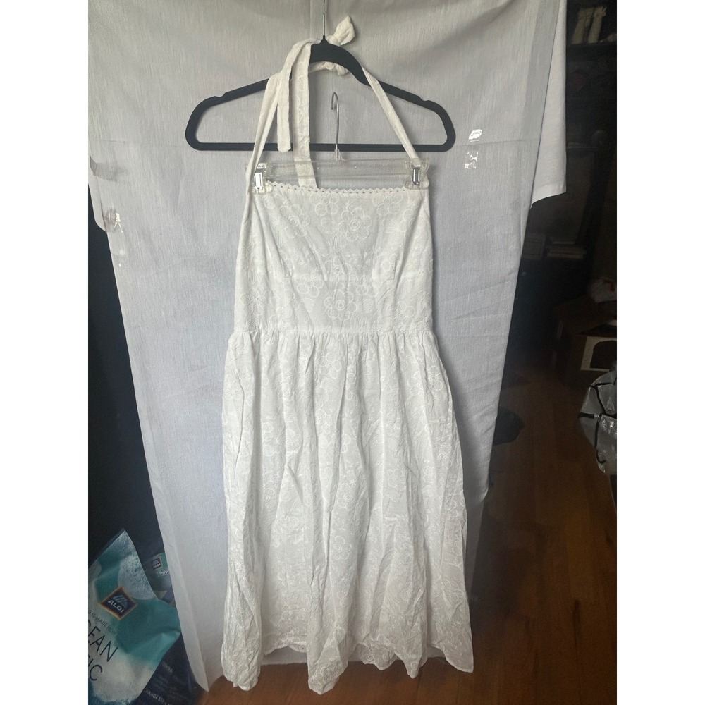 White Floral Eyelet Halter Dress Open Back Scalloped Midi Summer Sundress